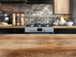 A loft-style natural wood countertop with a place to copy product advertisements on a blurred kitchen background at homeA loft-style natural wood countertop with a place to copy product  6