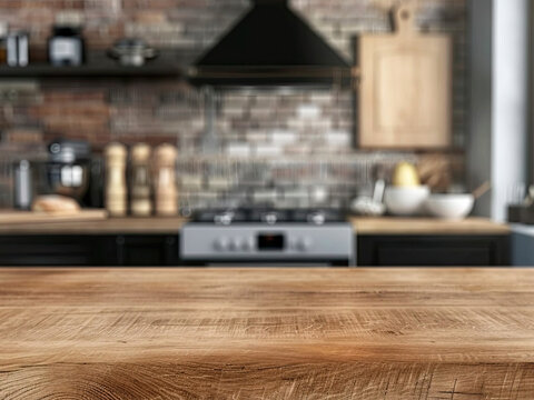 A loft-style natural wood countertop with a place to copy product advertisements on a blurred kitchen background at homeA loft-style natural wood countertop with a place to copy product  7