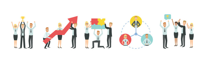 People Office Employee Character Engaged in Team Work Vector Set