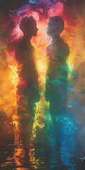 Two silhouettes emerge with a dreamlike aura against a sunset backdrop, encapsulating a moment of surreal romance. The intertwining smoke and vibrant colors suggest an otherworldly connection.