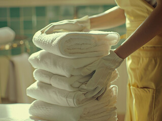Close-up of Hand professional chambermaid putting stack of fresh towels in hotel room  - obrazy, fototapety, plakaty