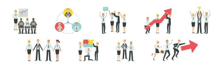 People Office Employee Character Engaged in Team Work Vector Set