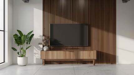 Wood TV cabinet interior wall mockup in modern empty room