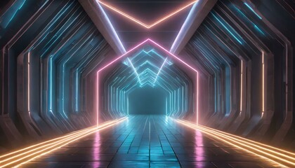 3D glowing lines tunnel neon lights virtual reality abstract background