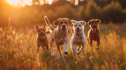 Group of dogs running through a pasture  - obrazy, fototapety, plakaty