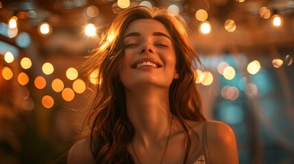Fototapeta premium Dance, night and disco with black woman at party for club, celebration and energy. Concert, music and rave with girl dancing in crowd for new year, freedom and entertainment at dj festival event