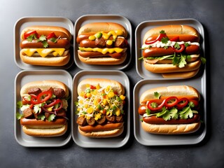 Hot dogs in metal containers on black background. Top view