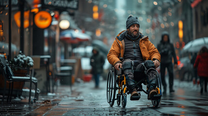 Vieil homme ou SDF en fauteuil roulant dans la rue par un temps froid - obrazy, fototapety, plakaty
