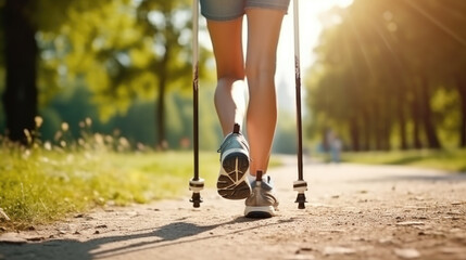 Close up of person of retirement age engaged in Nordic walking in the park, healthy lifestyle