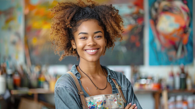 Portrait of a black female art teacher standing in school classroom and smiling
