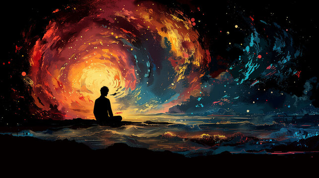 Un homme assis en tailleur au milieu d'un paysage onirique, ma&euml;lstrom de couleurs comme une aurore bor&eacute;ale, m&eacute;ditation et d&eacute;veloppement personnel