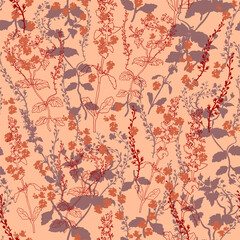 Ditsy seamless pattern of wild herbs and grasses on peach fuzz background. Trendy color floral seamless pattern for wallpaper, textile, bedding, package. Vector illustration