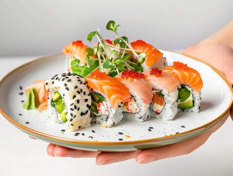 Hands holding a plate with Sushi  realistic
