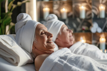 Relaxed senior couple in love enjoying serene moment among candles in spa