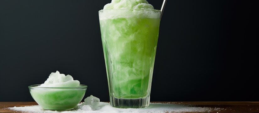 A tall glass filled with green liquid is placed next to a bowl of sugar, ready to make a soda float with green syrup.