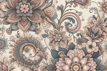 Floral ornament in beige, pink and blue colors. AI generative