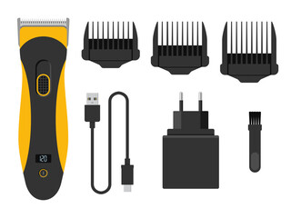 Fototapeta premium Hair and beard clipper trimmer set isolated on a white background. Electric hairdressing equipment, hair clipper and interchangeable nozzles in a flat style. Vector illustration