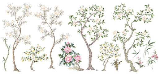 Biggest set of chinoiserie peonies trees and flowers. Vector.
