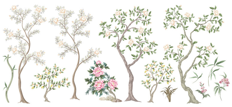 Biggest set of chinoiserie peonies trees and flowers. Vector.