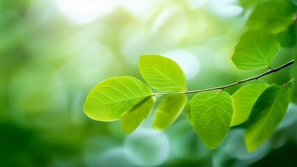 Fototapeta na wymiar Calm nature background of spring leaves: A close-up view of a branch of a tree covered in vibrant green leaves, soft morning light, calm and serenity in the spring, wallpaper