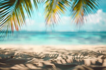 Fototapeta na wymiar A blurred scene of a beach featuring a single palm tree swaying in the wind.