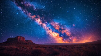 Spectacular night sky over a serene desert, inspiring wonder with shooting stars and galaxies. - obrazy, fototapety, plakaty
