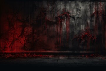 Eerie Red cracked spooky wall with wooden floor. Dark horror scary dirty art. Generate Ai