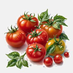 Bunch of cherry tomatoes with water drops on white background