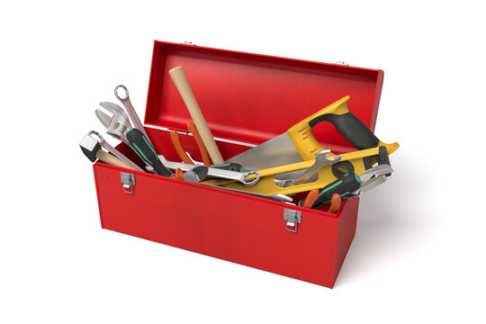 Red toolbox open with tools scattered