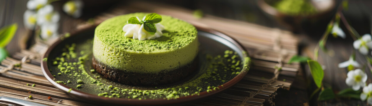 A Matcha Lava Cake on a michelin - starred western square table moist