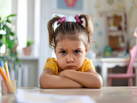 Little girl upset about her bad grades sitting at the table