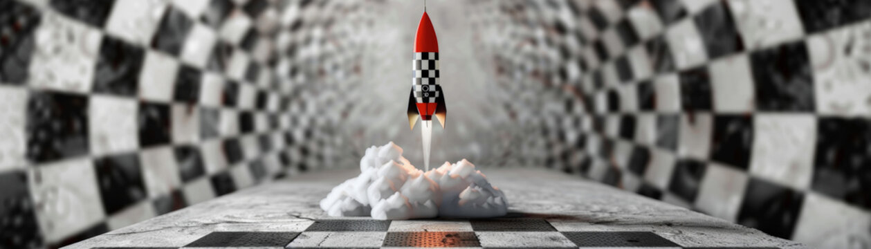 illustrated image of a rocket lifting off, red tip, black and white checker pattern on the body of the rocket, smoke and exhaust into the dartboard.
