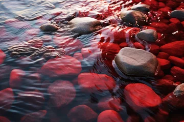 Papier Peint photo Lavable Pierres dans le sable Pristine Red water stones nature. Zen water. Generate Ai