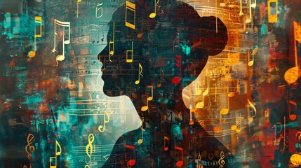 Double exposure of silhouette of a woman and musical notes on a grunge background - obrazy, fototapety, plakaty
