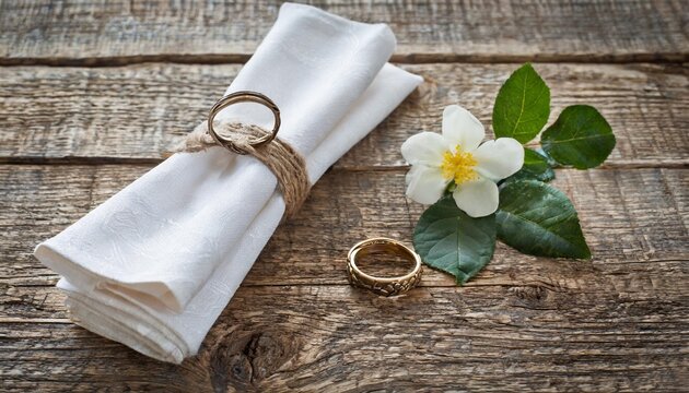 set of the napkins with vintage ring on the wooden table