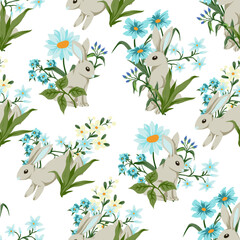 Seamless pattern with cute white rabbits and flowers. Vector. - 755091850
