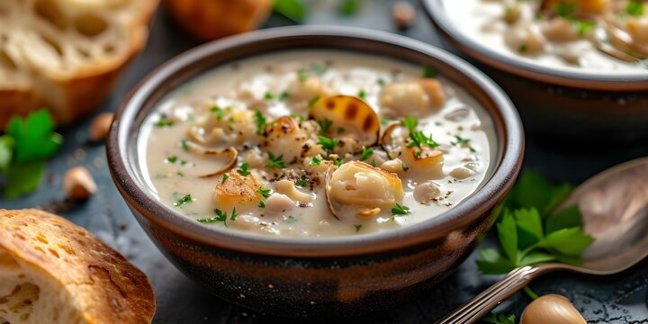 Authentic American cuisine mouthwatering Clam chowder served with selective focus backdrop perfect symmetrical photo centered professional photo copy space. Concept Clam Chowder Photography