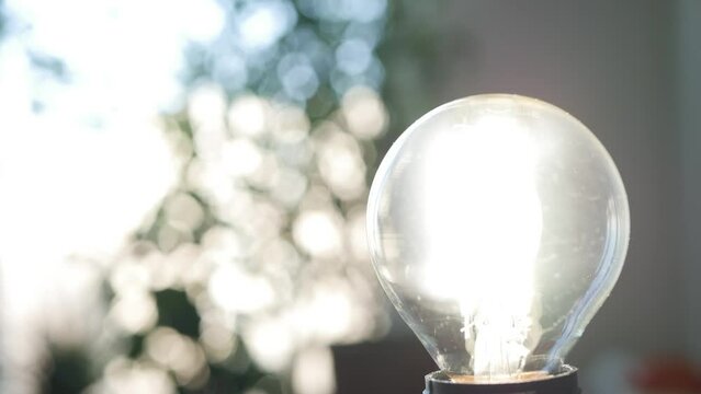 Blurred Shooting with a Person Starting the Led Light Bulb in a Room Using Smartphone App. Low Energy Consumption Concept with Led Lighting Technology. Powering On the Light in a Room. 