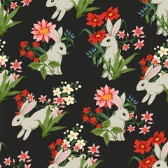 Seamless pattern with cute white rabbits and flowers. Vector.