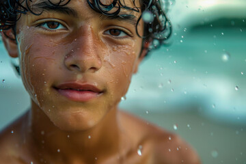 Fototapeta na wymiar Close-up Portrait of Boy with Sea Water Droplets on Face