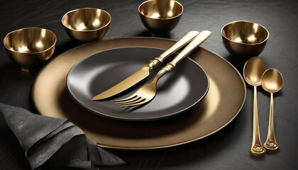 golden cutlery set with dark plate