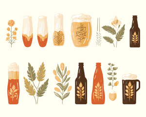 Vector beer mugs with foam beer set in vintage style isolated on the background