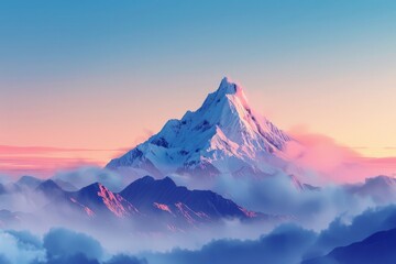 A single mountain peak stands tall against a colorful sky filled with clouds during sunset.