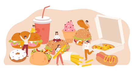 People and fast food. Teenagers with giant burger, pizza, french fries and ice cream. Young adults happy junk foods and drinks, snugly vector scene