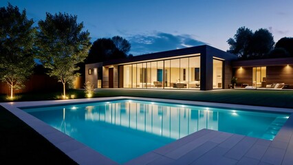 Fototapeta na wymiar Luxury house with pool at twilight, modern architecture, illuminated home exterior