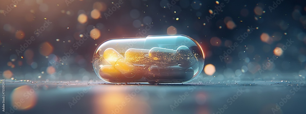 Wall mural illuminated capsule pill with a dynamic, abstract background, suggesting advanced pharmaceutical tec - Wall murals