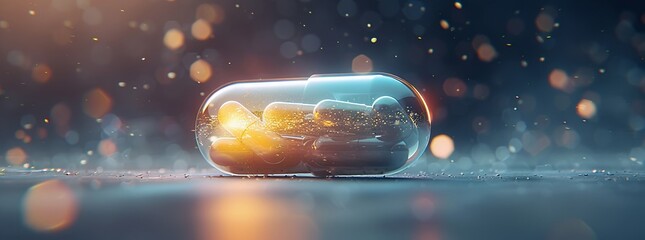 Illuminated capsule pill with a dynamic, abstract background, suggesting advanced pharmaceutical technology or health innovation.