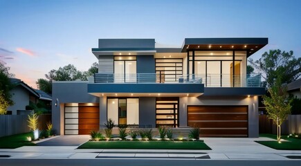 Modern two-story house facade at dusk with illuminated interior and exterior, landscaped front yard, and double garage.