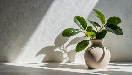 minimalistic light background with a ceramic vase with the plant and blurred foliage shadow on a light wall generated