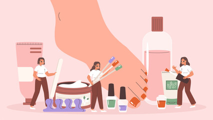 Pedicure scene. Beauty salon professionals caring foot. Tiny girls doing medical beautical procedure, nail art and legs caring, snugly vector scene